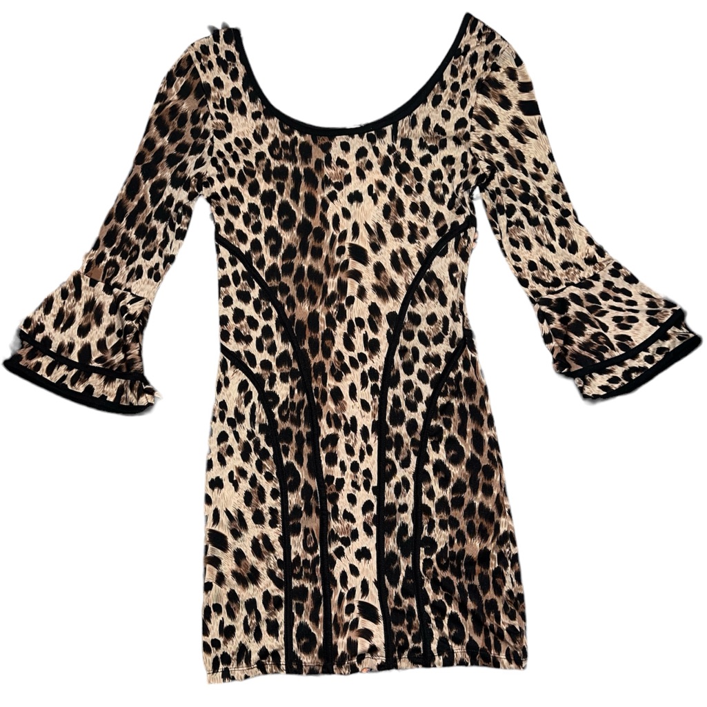 Leopard Print Bodycon Mini Dress With Flare Sleeves Size Medium Nwt